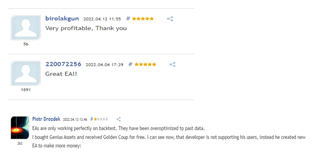 User reviews on MQL5. 