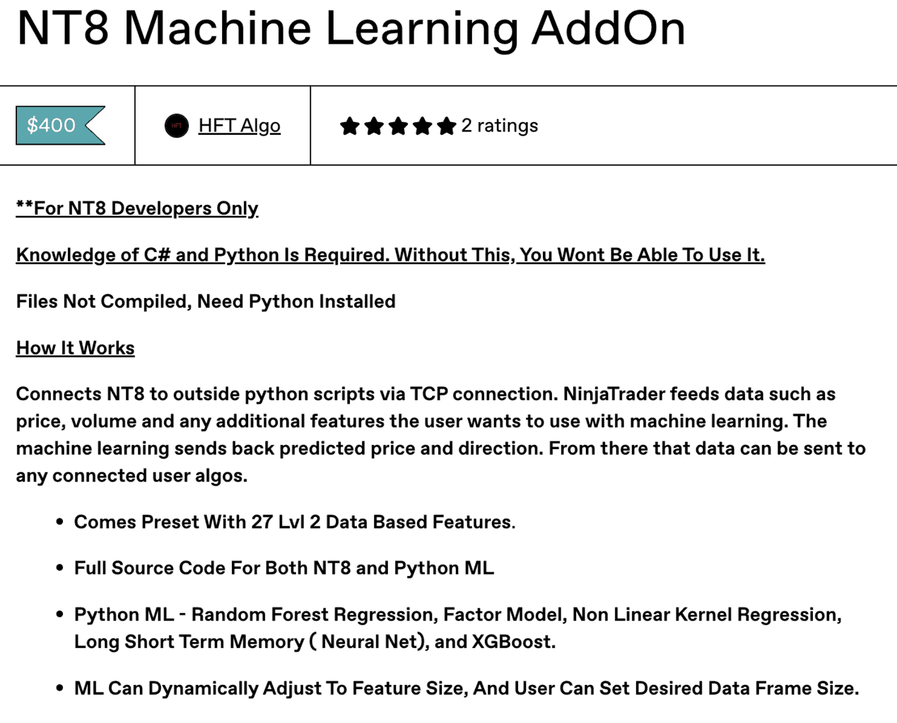 HFT Algo – Machine Learning AddOn​ NT8